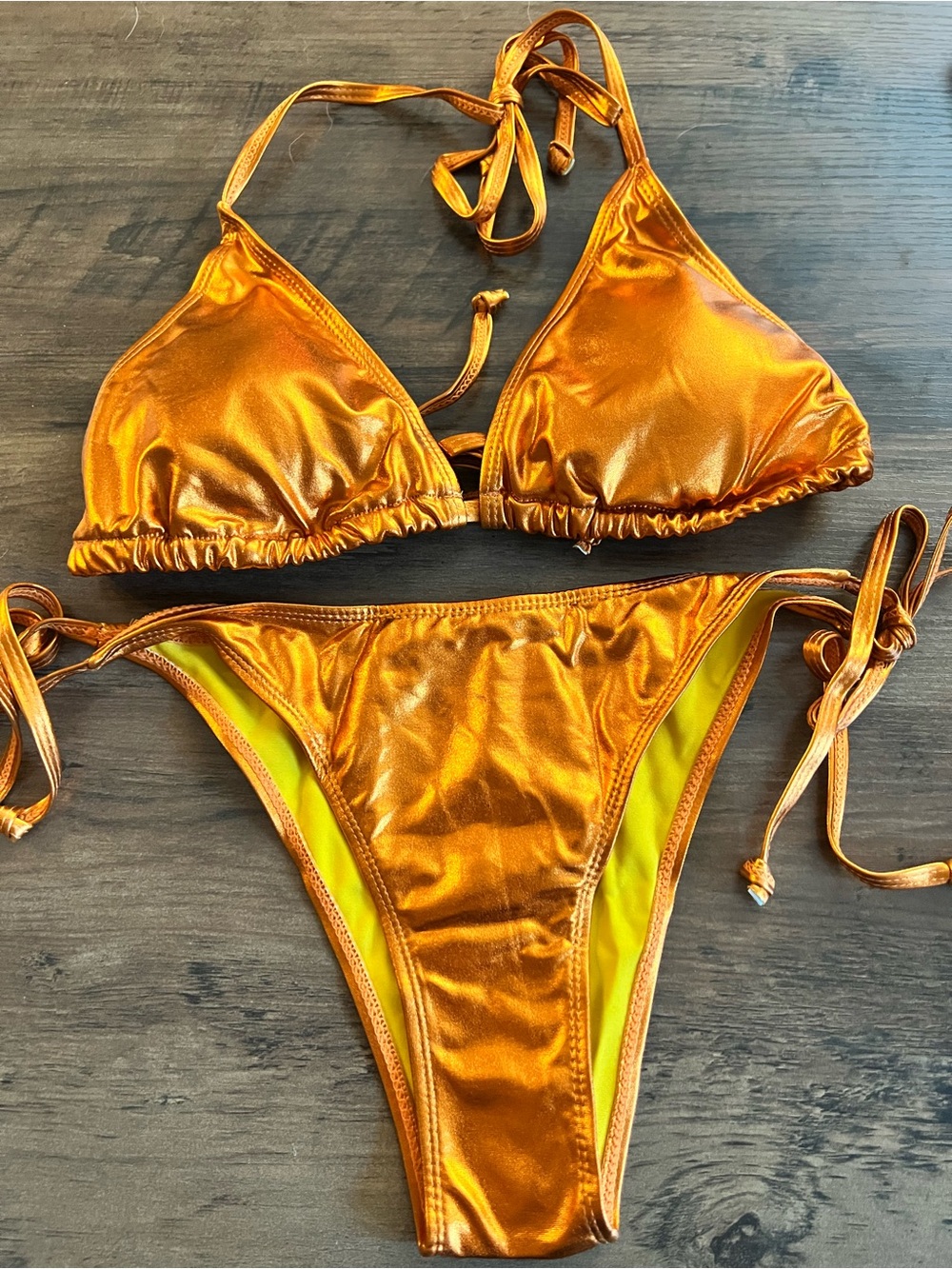 Shimmering Orange Triangle Halter Side Tie Bikini Set - Picture 2 of 9